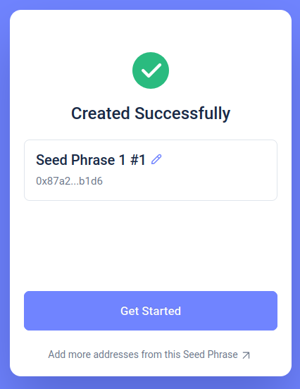Screenshot of Rabby Wallet with seed phrase created successfully